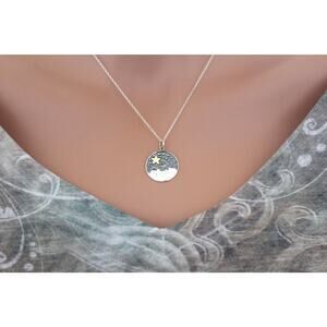 Sterling Silver Mountain Pendant with Bronze Star, Star Gazing Necklace